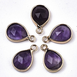 Natural Amethyst Charms, with Light Gold Plated Brass Edge and Loop, Teardrop, Faceted, 14x9x4.5mm, Hole: 1.5mm