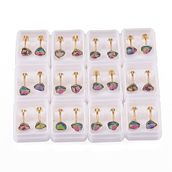 304 Stainless Steel Earlobe Plugs, Screw Back Earrings, with Glass, Heart, Golden, Colorful, 12.5mm, Pin: 1mm