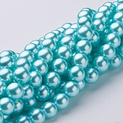 Abalorios de perla de vidrio, pearlized, redondo, cian claro, 12mm, agujero: 1 mm, aproximamente 68 pcs / cadena, 30.71 pulgada (78 cm)