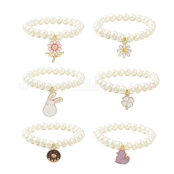 Bracelet extensible en perles d'imitation de verre avec breloques en alliage d'émail, formes mixtes, diamètre intérieur: 2 pouce (5.2 cm)