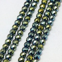 Electroplate Non-magnetic Synthetic Hematite Beads Strands, Faceted, Round, Grade A, Green Plated, 3mm, Hole: 1mm, about 127pcs/strand, 16 inch