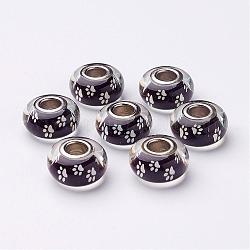 Perles européen en verre glue, Perles avec un grand trou   , avec doubles noyaux de cuivre, rondelle, platine, noir, 14~15x8mm, Trou: 5mm