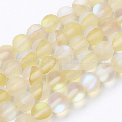 Chapelets de perles en pierre de lune synthétique, perles holographiques, mat, ronde, champagne jaune, 8mm, Trou: 0.8mm, Environ 47~48 pcs/chapelet, 15.1 pouce