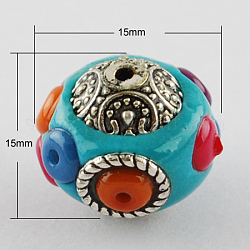 Handmade Indonesia Beads, with Alloy Cores, Round, Antique Silver, Dark Turquoise, 15x15x15mm, Hole: 2mm