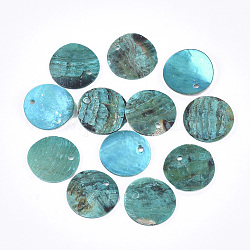 Pendentifs coquille peinture aérosol akoya naturelle, pendentifs coquille en nacre, plat rond, turquoise foncé, 15x1~3mm, Trou: 1.1~1.5mm
