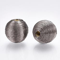 Perles de bois recouvertes de fil de cordon polyester, ronde, grises , 14~15x13~14mm, Trou: 2~3mm