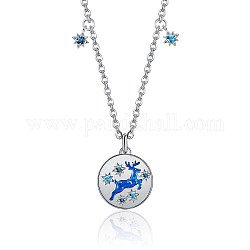 Christmas Theme Brass Pendant Necklaces, with Cubic Zirconia, Cable Chain, Flat Round with Christmas Reindeer/Stag, Blue, Platinum, 16.1 inch(41cm)