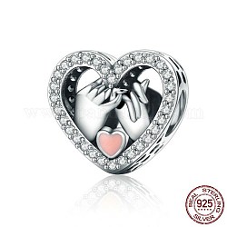 925 Sterling Silver Rhinestone European Beads, Large Hole Beads, Heart with Hands, Platinum, Crystal