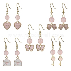 Boucles d'oreilles pendantes en alliage d'émail pour la Saint-Valentin avec épingles en laiton, formes mixtes, rose, 38~45x8~16mm