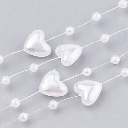 Hilo de guirnalda de cuentas de perlas de imitación de plástico abs, ideal para cortina de puerta, decoración de la boda diy material, corazón y redondo, blanco, 9x9 mm y 3 mm