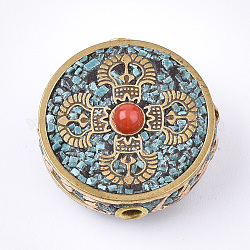 Perline  indonesia fatto a mano, con accessori di ottone, rotondo e piatto, oro, turchese pallido, 22x21x11mm, Foro: 2 mm