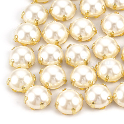 Botones de vástago de imitación de perla de plástico ABS, con fornituras de latón, semicírculo, blanco cremoso, dorado, 8x8x5mm, agujero: 1 mm