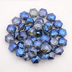 Hexagon Electroplate Full Rainbow Plated Glass Beads Strands, Faceted, Marine Blue, 15x14x8mm, Hole: 1mm, about 50pcs/strand, 23.6 inch