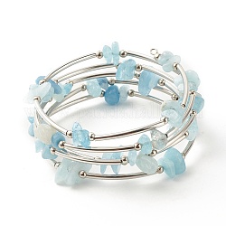 Bracelets enveloppants en perles d'aigue-marine naturelle à 5 boucle pour femme, bracelet fil mémoire en acier, platine, diamètre intérieur: 2-1/8 pouce (5.45 cm)