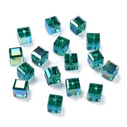 Placcare perle di vetro trasparenti, cubo sfaccettato, arcobaleno placcato, verde acqua, 6x6x6mm, Foro: 1.8 mm