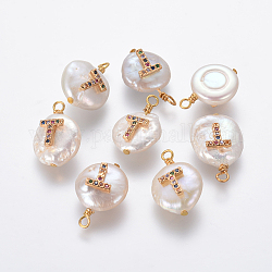 Natural Cultured Freshwater Pearl Pendants, with Brass Micro Pave Cubic Zirconia Findings, Flat Round with Letter, Colorful, Golden, Letter.T, 16~19x11~12x6~8mm, Hole: 1.8mm