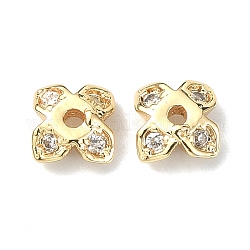 Brass Pave Clear Cubic Zirconia Bead Caps, 4-Petal, Clover, Real 18K Gold Plated, 4.5x4.5x2mm, Hole: 1mm