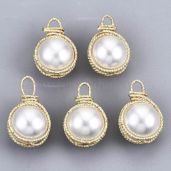 Pendentifs en plastique imitation perle ABS, avec accessoires en laiton plaqué 18k or véritable, ronde, blanc crème, 17x11x10mm, Trou: 2mm