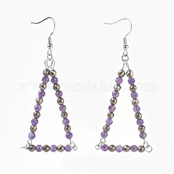 Natural Amethyst Beads Dangle Earrings, with Natural Pyrite Beads and 304 Stainless Steel Findings, Triangle, Stainless Steel Color, 70mm, Pendant: 50x35x4mm, Pin: 0.7mm