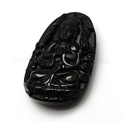 Buddhist Jewelry Natural Obsidian Large Cameo Buddha Pendants, 60.5x39x12mm, Hole: 1mm