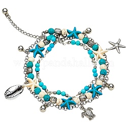Bracelet de cheville multi-rangs en perles turquoises synthétiques, Bracelet de cheville à breloque étoile de mer, coquillage et tortue pour femme, 9-1/2 pouce (24 cm)