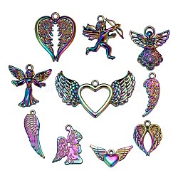 20Pcs 10 Style Rainbow Color Alloy Pendants, Cadmium Free & Nickel Free & Lead Free, Angel, Heart Shape Wings, Cupid Angel, Heart with Wing, Wing, Cupid, 21.5~30x9~26x1~3.5mm, Hole: 1.2~2mm, 2pcs/style