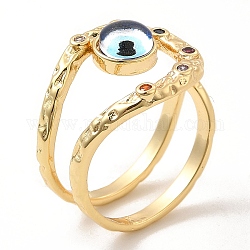 Resin Evil Eye Open Cuff Ring with Cubic Zirconia, Real 18K Gold Plated Brass Wire Wrap Jewelry for Women, Blue, Inner Diameter: 18mm