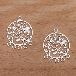Alloy Chandelier Link Component, Flat Round with Flower of Life, Silver, 35x26mm