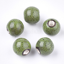 Manuell Porzellan Perlen, Phantasie antiken glasiertem Porzellan, Runde, gelb-grün, 10.5~11x9.5 mm, Bohrung: 2.5 mm