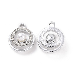 Ciondoli in lega strass di cristallo, con perla in plastica imitazione abs, charms a testa piatta, platino, 19x15x6mm, Foro: 2.5 mm