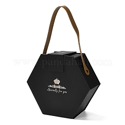 Cajas de regalo de cartón hexagonales del día de san valentín, con asas de imitación de cuero pu, negro, 28.5 cm, bolsa: 16.5x18.5x8 cm