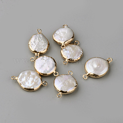Connettori placcati in perle naturali, con accessori di ferro, rotondo e piatto, oro, beige, 23.5~28x16~19x4~7mm, Foro: 1.6~1.8 mm