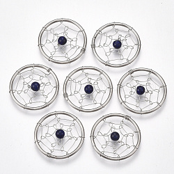 304 Edelstahl Anhänger, mit natürlichen weißen Steinperlen, gefärbt, flach rund mit Spinnennetz, Edelstahl Farbe, 25x4~4.5 mm