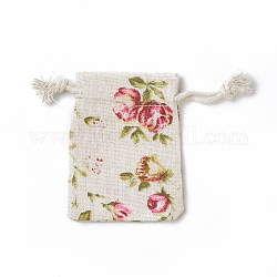 Pochettes en toile de jute, sacs à cordonnet, rectangle avec motif rose, colorées, 8.7~9x7~7.2 cm