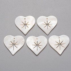 Pendentifs de coquillages d'eau douce naturelle, Coeur avec étoile creuse, 26x26.5x2mm, Trou: 1.2mm