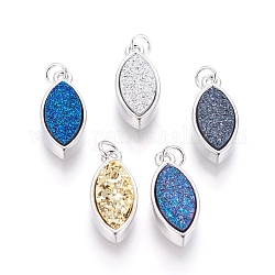 Druzy Resin Pendants, with Brass Finding, Horse Eye, Platinum, Mixed Color, 21x9x4~6mm, Hole: 3mm