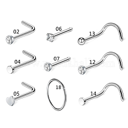 Clear Cubic Zirconia Nose Studs & Rings, 316 Surgical Stainless Steel L-shape & Fishtail & Hoop & Nose Bone Rings, Piercing Jewelry for Women, Stainless Steel Color, 10mm, 9 Styles, 1Pc/style, 9Pcs