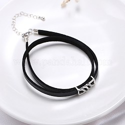 Imitation Leather Wrap Bracelets, with Sterling Silver Slider Charms and End Chains, Two Loops, Black, Golden