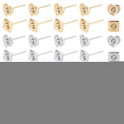 Unicraftale 60Pcs Square & Heart 304 Stainless Steel Ear Stud Components, with 120Pcs Glass Pointed Back Rhinestone and Silicone Ear Nuts, for DIY Earring Making Kits, Mixed Color, 13mm