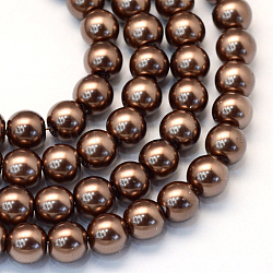 Backen gemalt pearlized Glasperlen runden Perle Stränge, Sattelbraun, 8~9 mm, Bohrung: 1 mm, ca. 105 Stk. / Strang, 31.4 Zoll