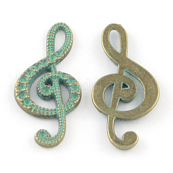 Impostazioni di strass pendenti chiave di violino in lega di zinco,  cadmio& piombo libero, bronzo antico e patina verde, adatto per strass da 1 mm, 32x15x2mm, Foro: 2 mm