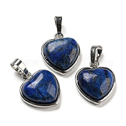 Pendentifs en lapis lazuli naturel, Breloques cœur avec fermoirs en laiton plaqué platine, 20.5x17.5x7mm, Trou: 4x8mm