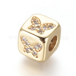 Messing Perlen, mit Mikro ebnen Zirkonia, Würfel mit Schmetterling, Transparent, golden, 6x6x6 mm, Bohrung: 3 mm