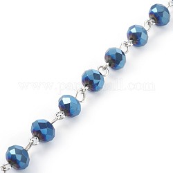 Chaînes de perles de verre électrolytique manuelles, non soudée, avec épingle à oeil en fer, rondelle, bleu marine, 14x8mm, 1 m / chapelet, 39.37 pouce