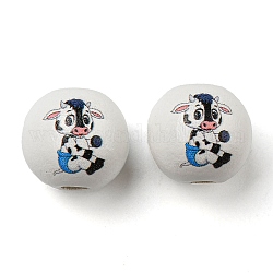 Perles européennes en bois naturel peintes à la bombe, rond avec motif vache, blanc, 16x15mm, Trou: 4mm