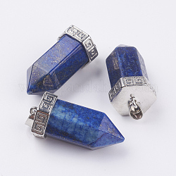 Natural Lapis Lazuli Pointed Pendants, with Brass Finding, Bullet, Platinum, 39x18mm, Hole: 4.5x5.5mm