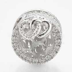 Perles européennes en laiton avec zircone cubique, Perles avec un grand trou   , plat et circulaire avec coeur, platine, clair, 12x14mm, Trou: 4.5mm
