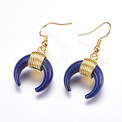 Boucles d'oreilles avec pendentif en lapis-lazuli naturel, avec les accessoires en laiton, double corne en forme / croissant de lune, or, teinte, 41mm, broche: 0.5 mm, pendentif: 23x20x9 mm