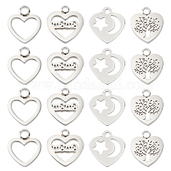 DICOSMETIC 16Pcs 4 Style 304 Stainless Steel Charms, Laser Cut, Heart, Stainless Steel Color, 12~13x11~12x0.8~1.5mm, hole: 1.4~1.8mm,  4pcs/style