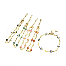 Bracelet chaîne à maillons fleur et poisson en émail, bracelet en acier inoxydable doré 201 plaqué sous vide pour femme, couleur mixte, 7 pouce (17.8 cm)